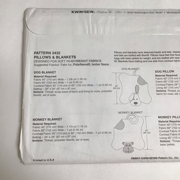 Kwik Sew Child’s PILLOWS BLANKETS Sewing Pattern Dog Monkey 2006 FF UNCUT NEW - Picture 4 of 6